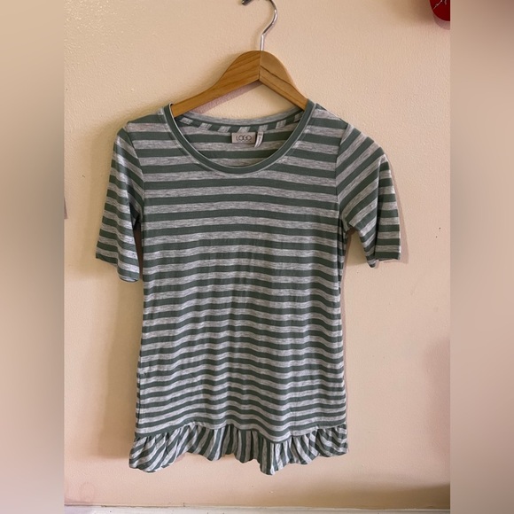 LOGO By Lori Goldstein Stripe Knit Shift Dress Flounce Hem Green XXS - Picture 3 of 16